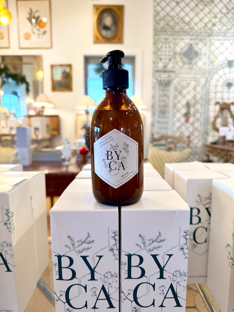 French BYCA Exfoliating Soap Black Tea 280 ML Glass Bottle