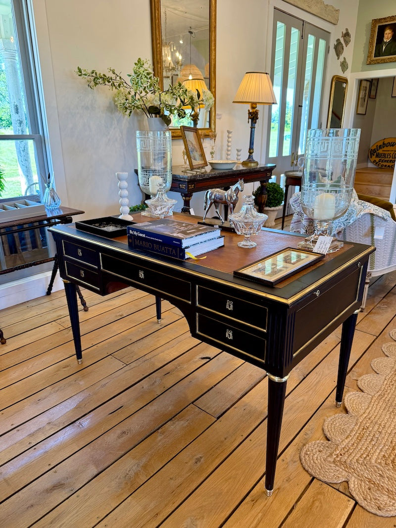 Antique French Louis XVI Ebonized Desk with Leather Top, Bronze Detail