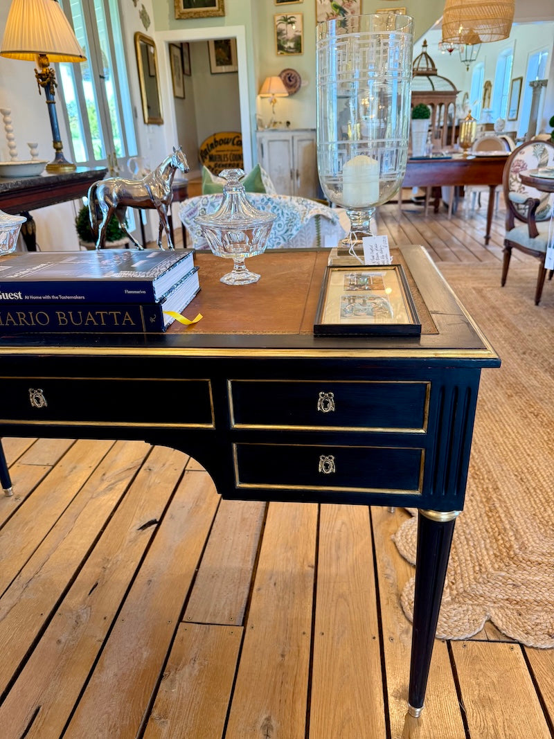 Antique French Louis XVI Ebonized Desk with Leather Top, Bronze Detail