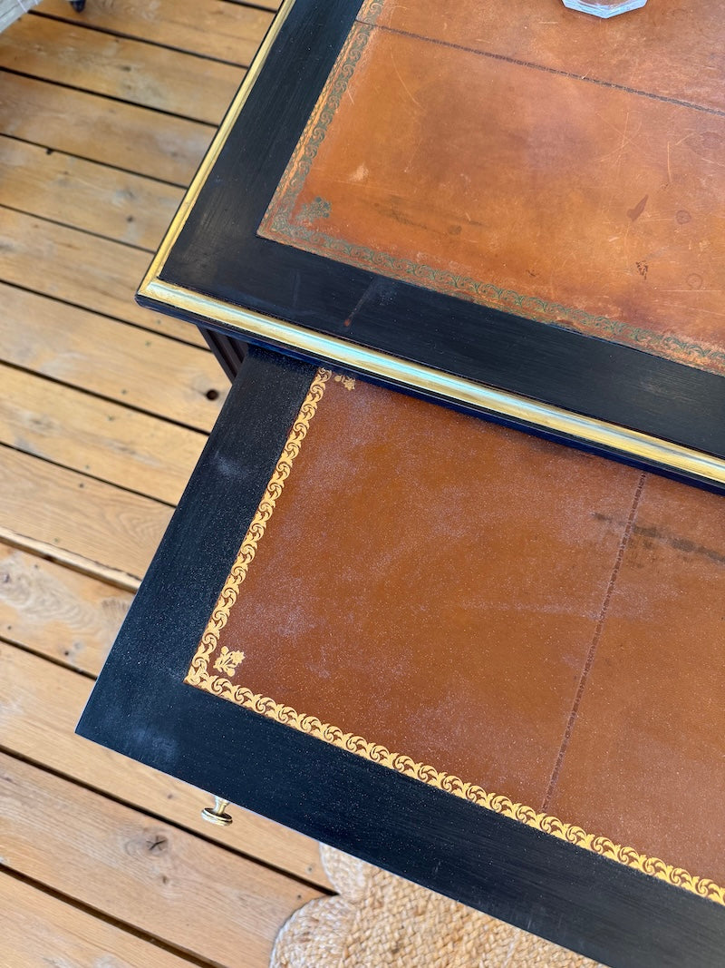 Antique French Louis XVI Ebonized Desk with Leather Top, Bronze Detail