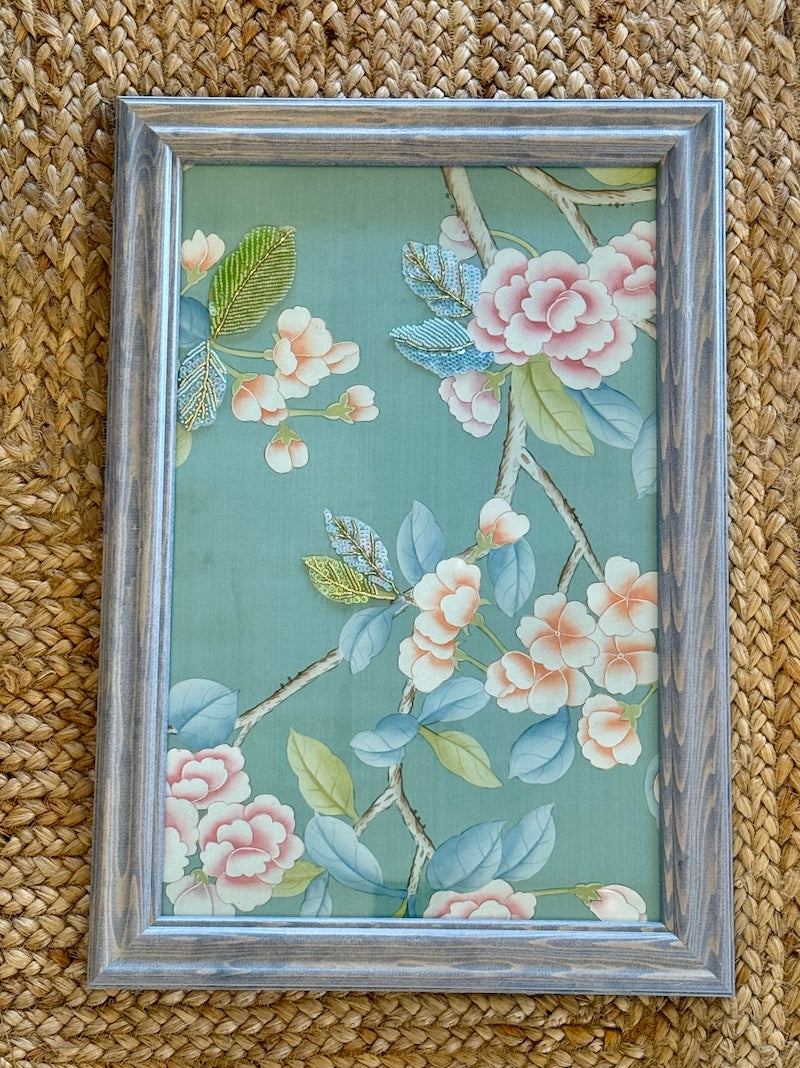 Hand Painted Chinoiserie Silk Panel with hand embroidery.