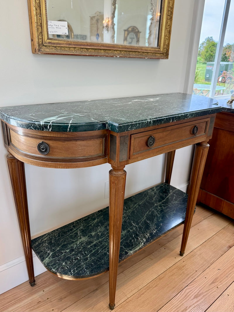 Antique French Console with Marble Top and Marble Shelf, Louis XVI Style