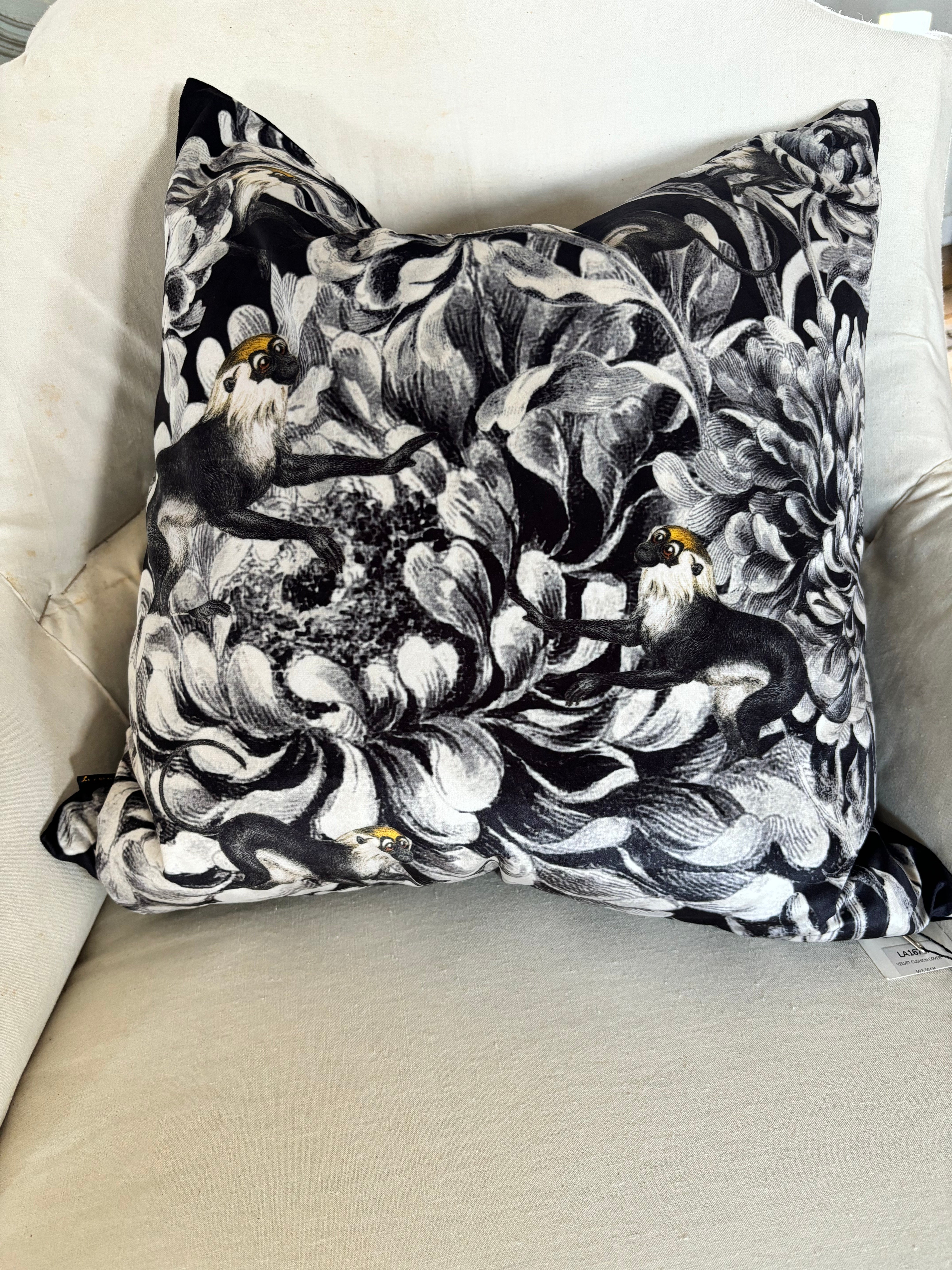 Black and White Velvet Pillow Monkeys Design