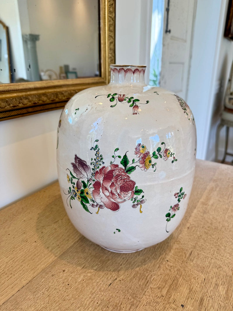 Antique French Gourde-shaped Floral Painted Vase, 1940s