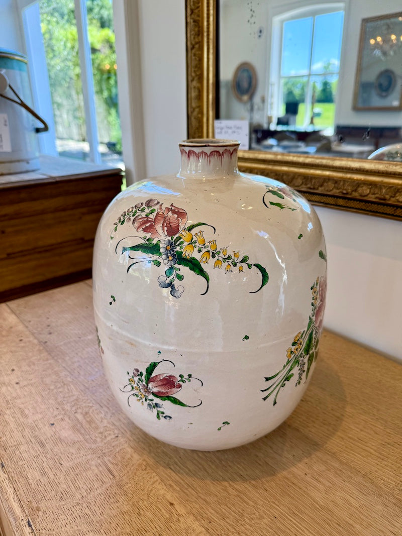Antique French Gourde-shaped Floral Painted Vase, 1940s