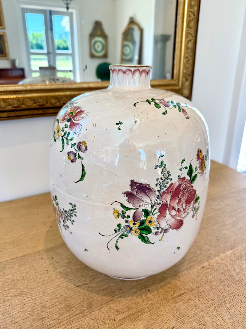 Antique French Gourde-shaped Floral Painted Vase, 1940s