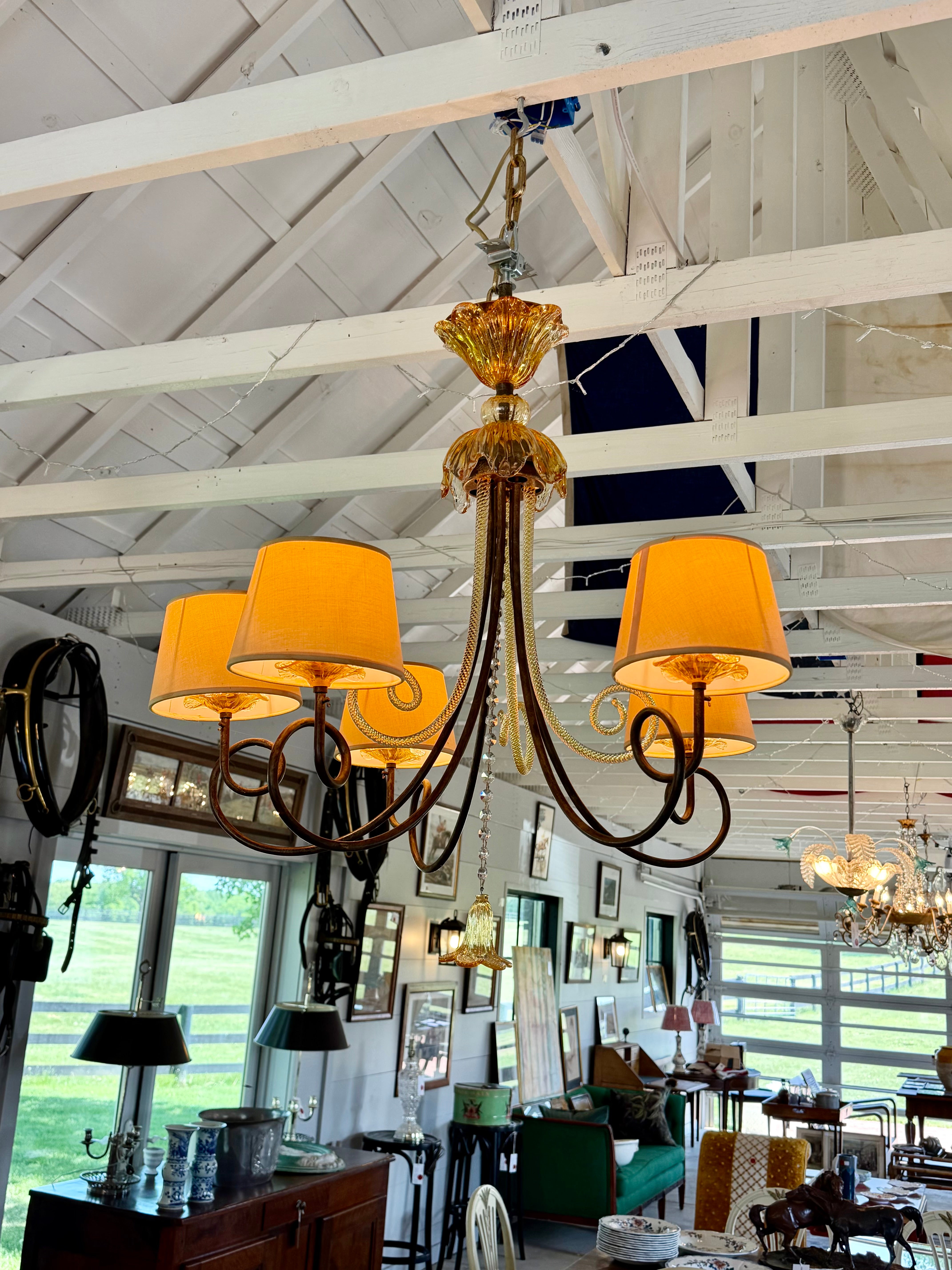 Italian Murano 1930s Glass Chandelier with Iron Arms and Lampshades