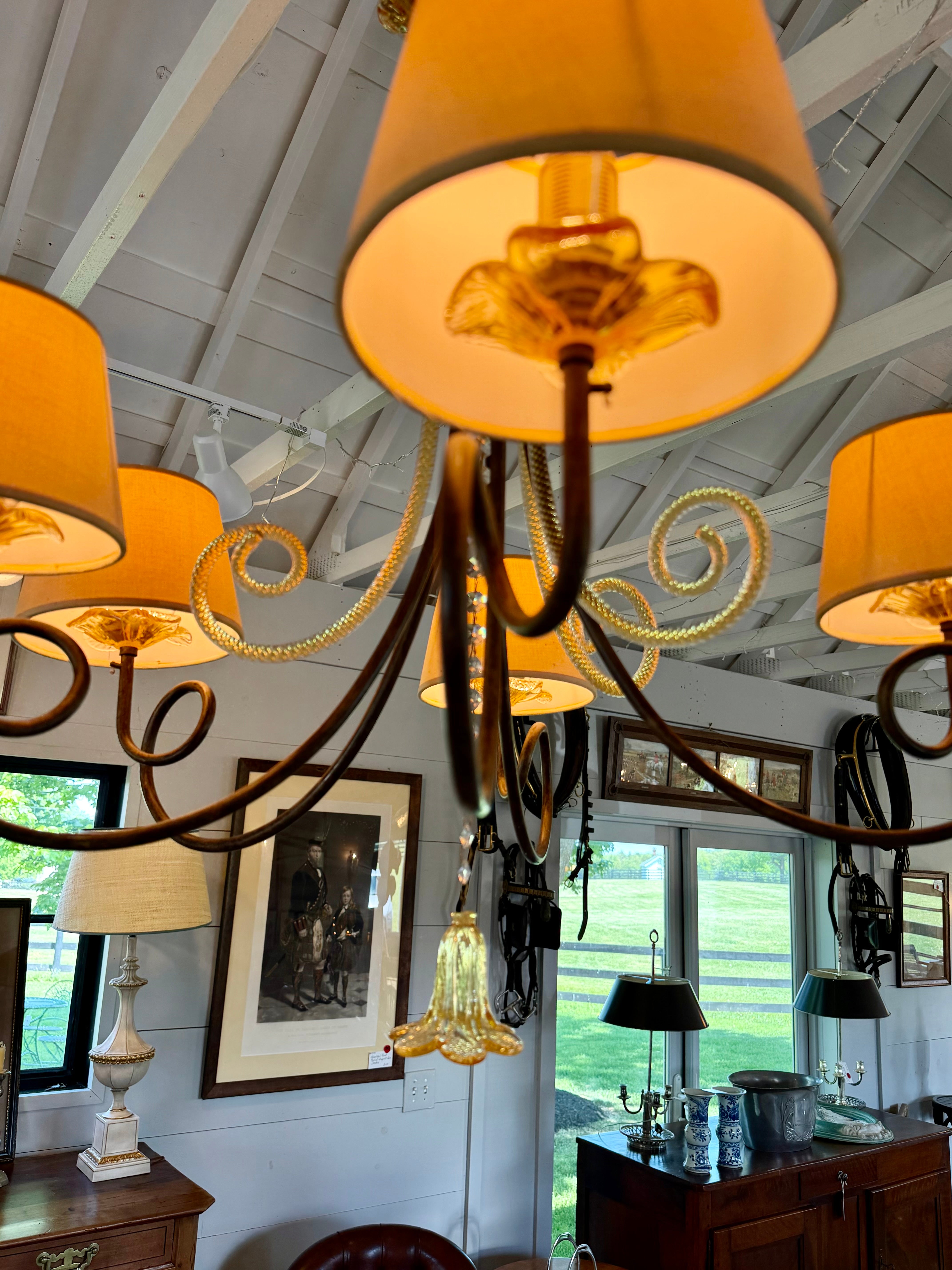 Italian Murano 1930s Glass Chandelier with Iron Arms and Lampshades