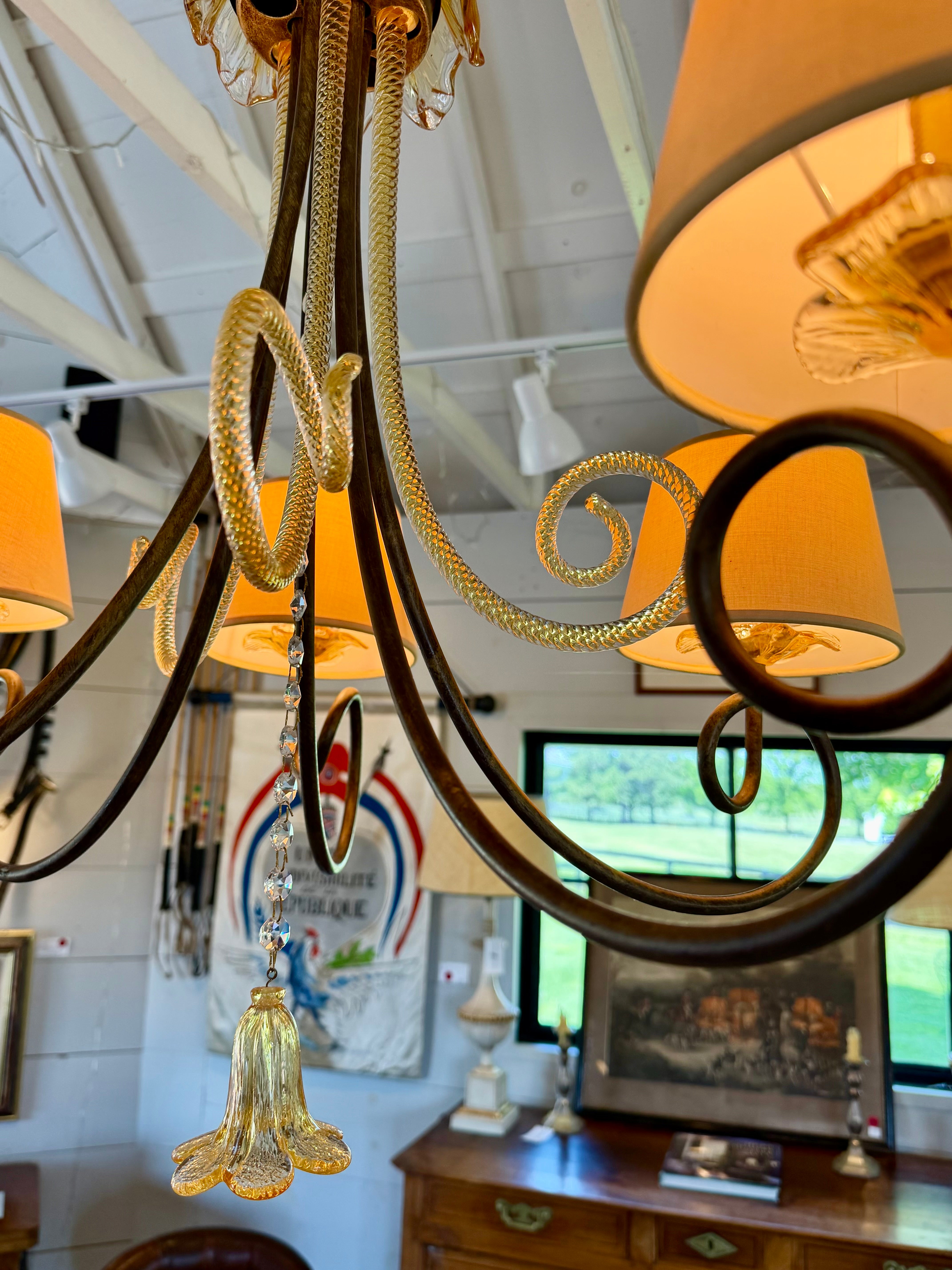 Italian Murano 1930s Glass Chandelier with Iron Arms and Lampshades