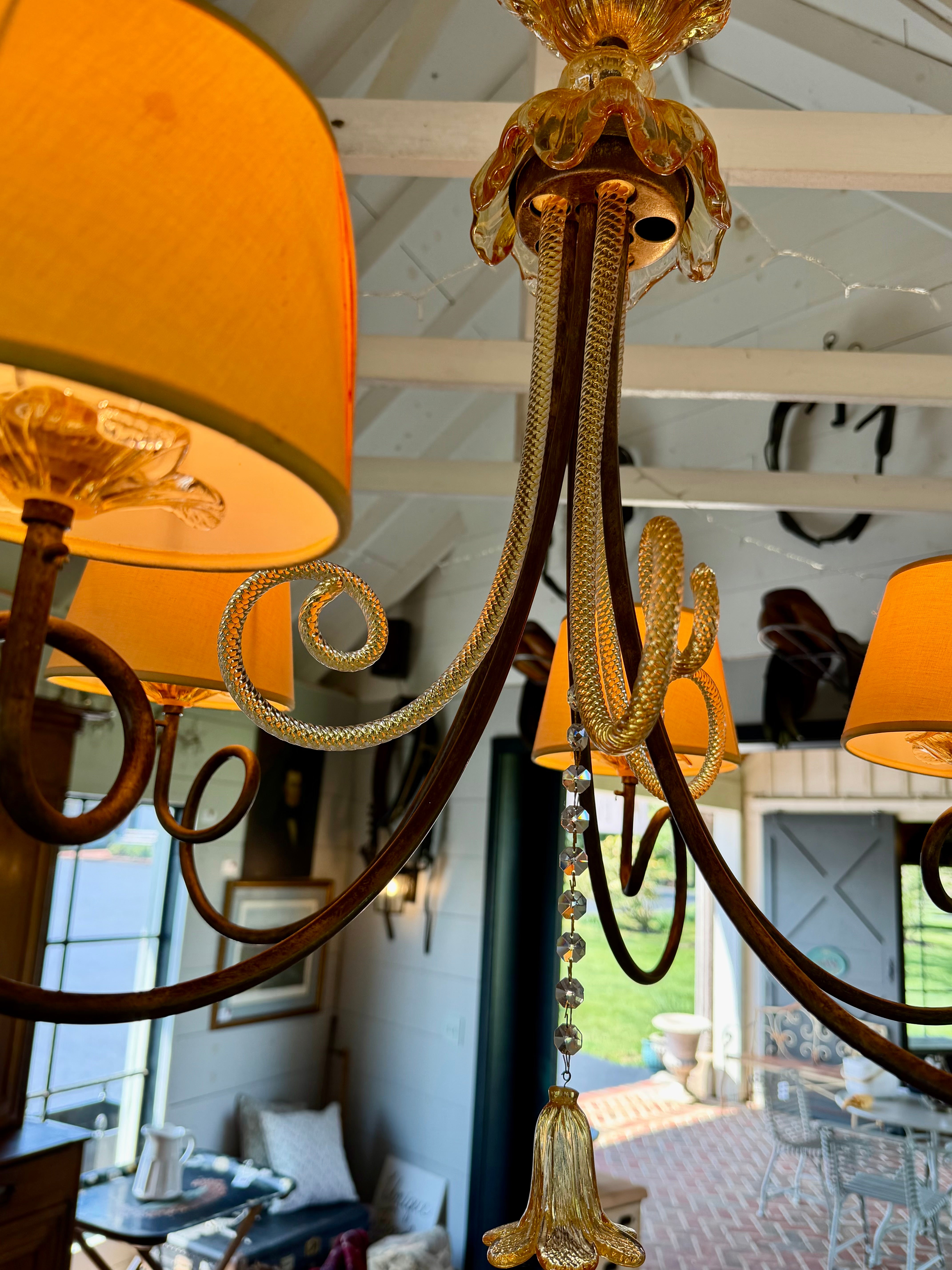 Italian Murano 1930s Glass Chandelier with Iron Arms and Lampshades