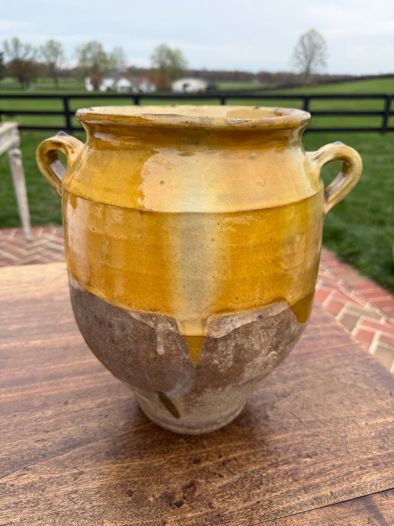 Antique French Yellow ceramic pot leaning against a wooden wall with a blurred outdoor background