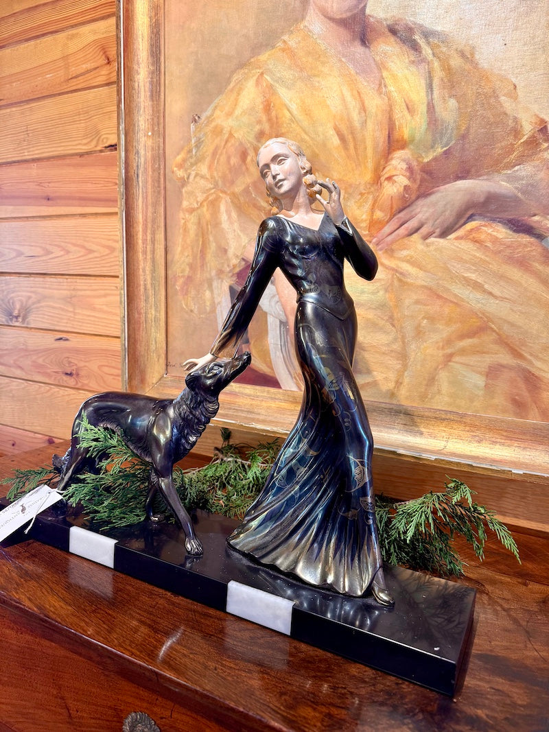 French Art Deco Sculpture - Lady with Dog