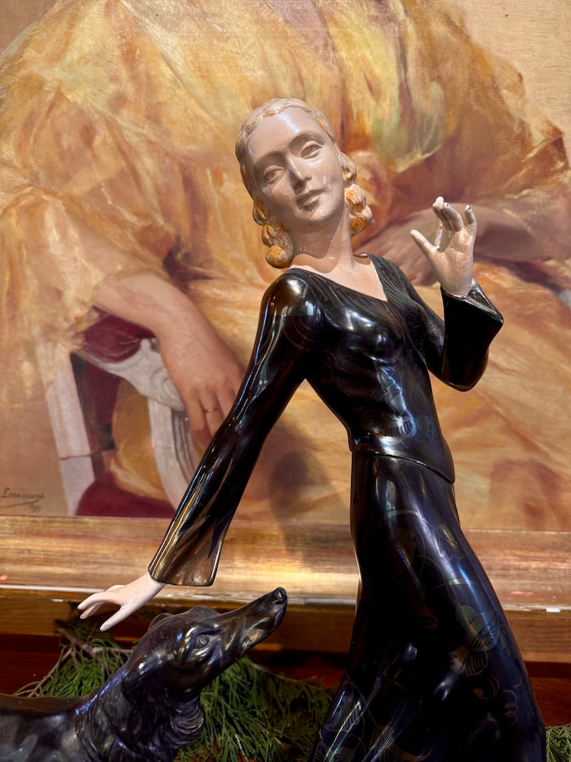 French Art Deco Sculpture - Lady with Dog
