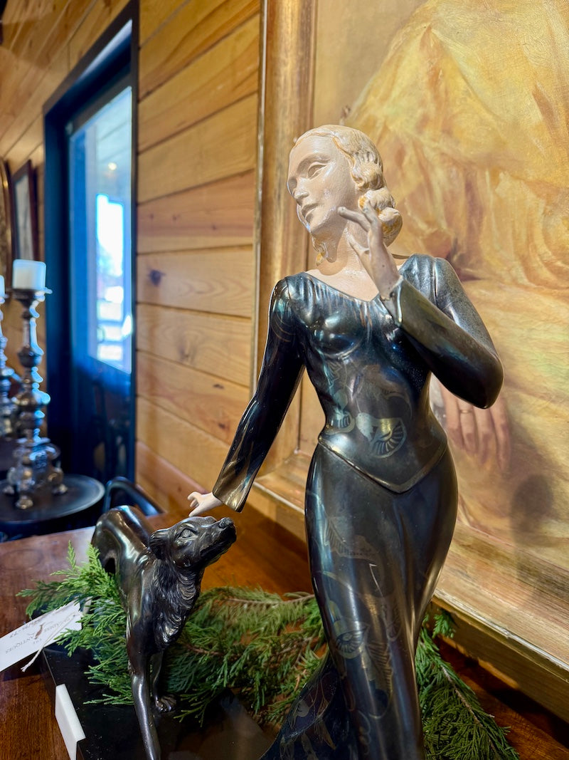 French Art Deco Sculpture - Lady with Dog
