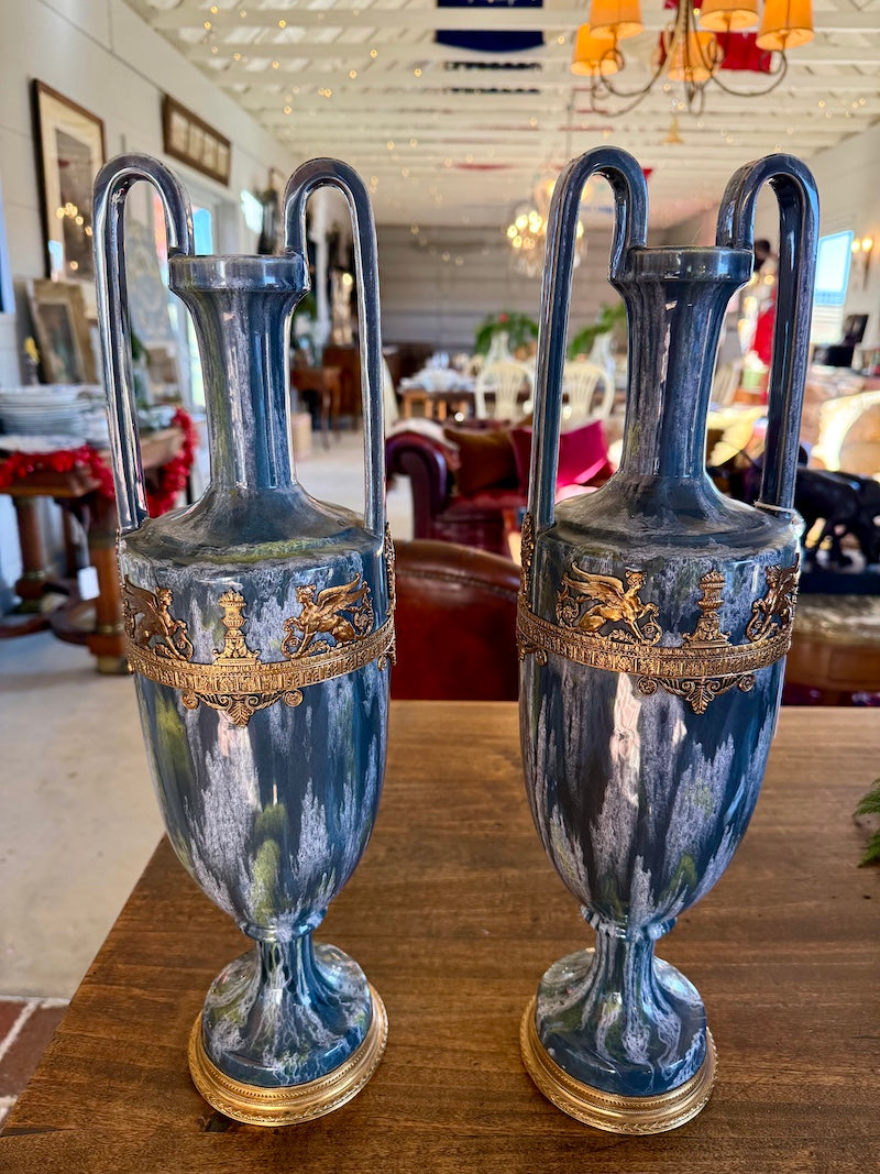 Pair of French Empire Ceramic and Bronze Vases
