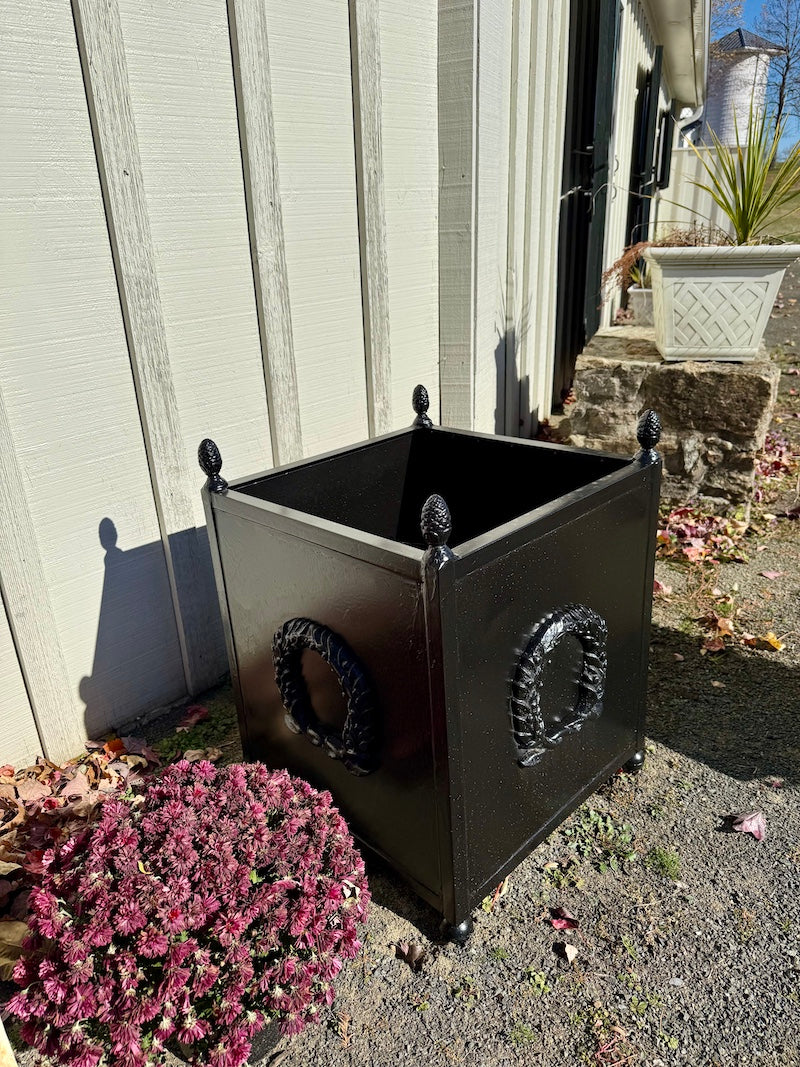 Antique French Pair of Planters with Black High-Gloss Paint