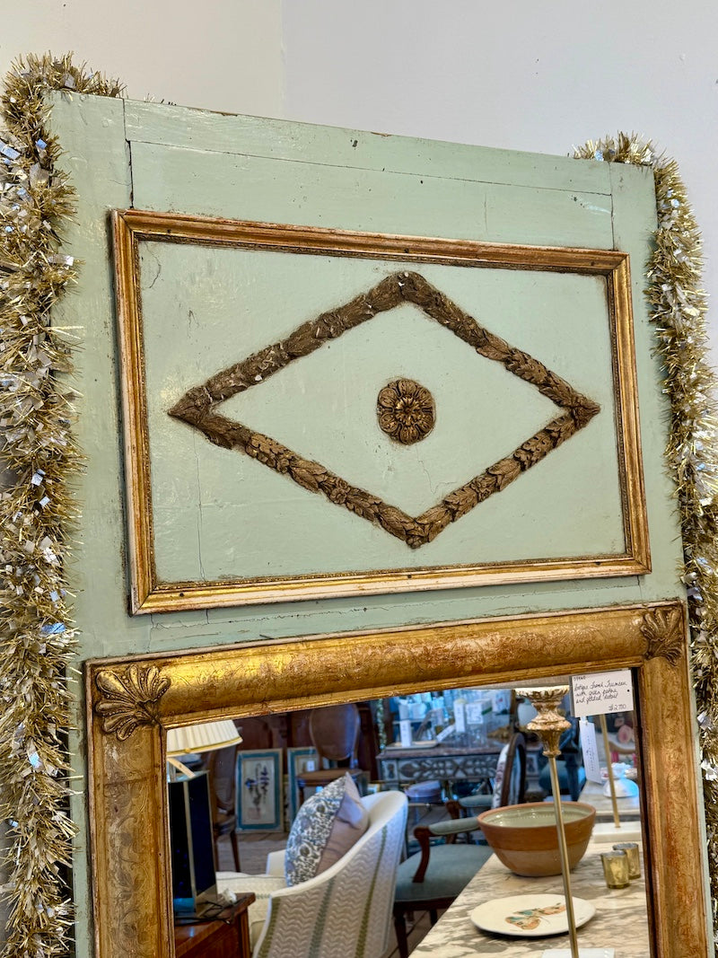 Antique French Trumeau, Green Patina and Gilded Detail