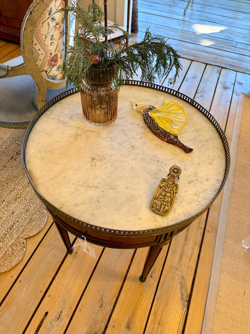 Antique French Bouillotte Table 1920s in Walnut with Marble Top