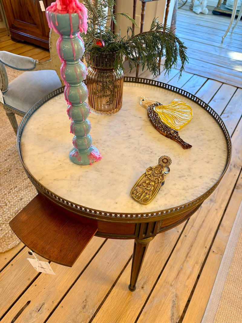 Antique French Bouillotte Table 1920s in Walnut with Marble Top