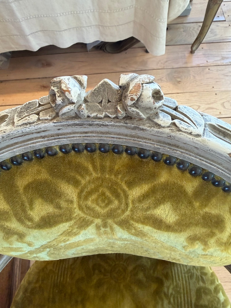Pair of Antique French Louis XVI Armchairs, Chartreuse Velvet upholstery
