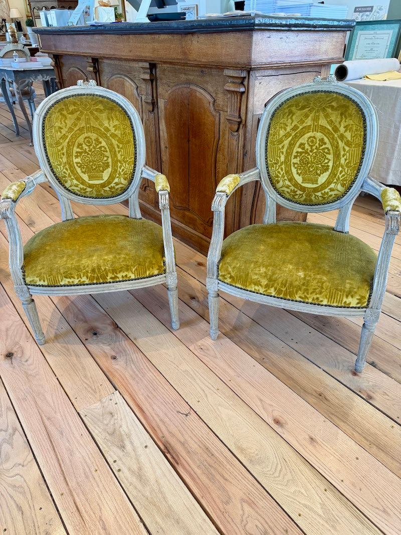 Pair of Antique French Louis XVI Armchairs, Chartreuse Velvet upholstery