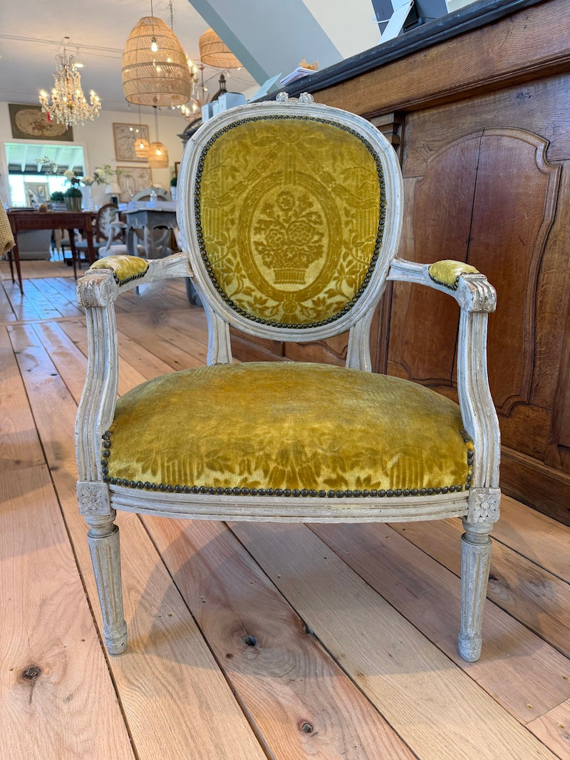 Pair of Antique French Louis XVI Armchairs, Chartreuse Velvet upholstery