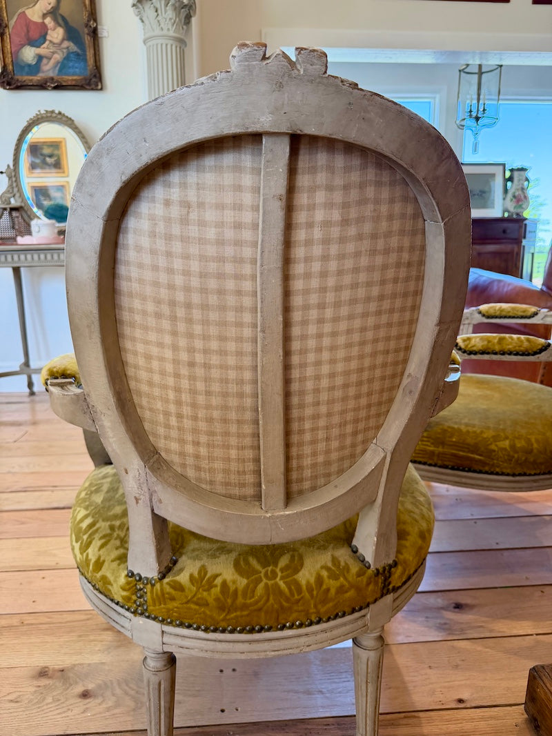 Pair of Antique French Louis XVI Armchairs, Chartreuse Velvet upholstery