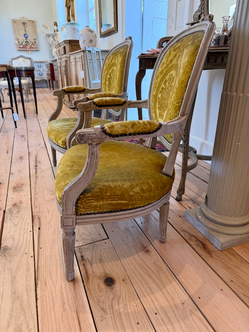Pair of Antique French Louis XVI Armchairs, Chartreuse Velvet upholstery