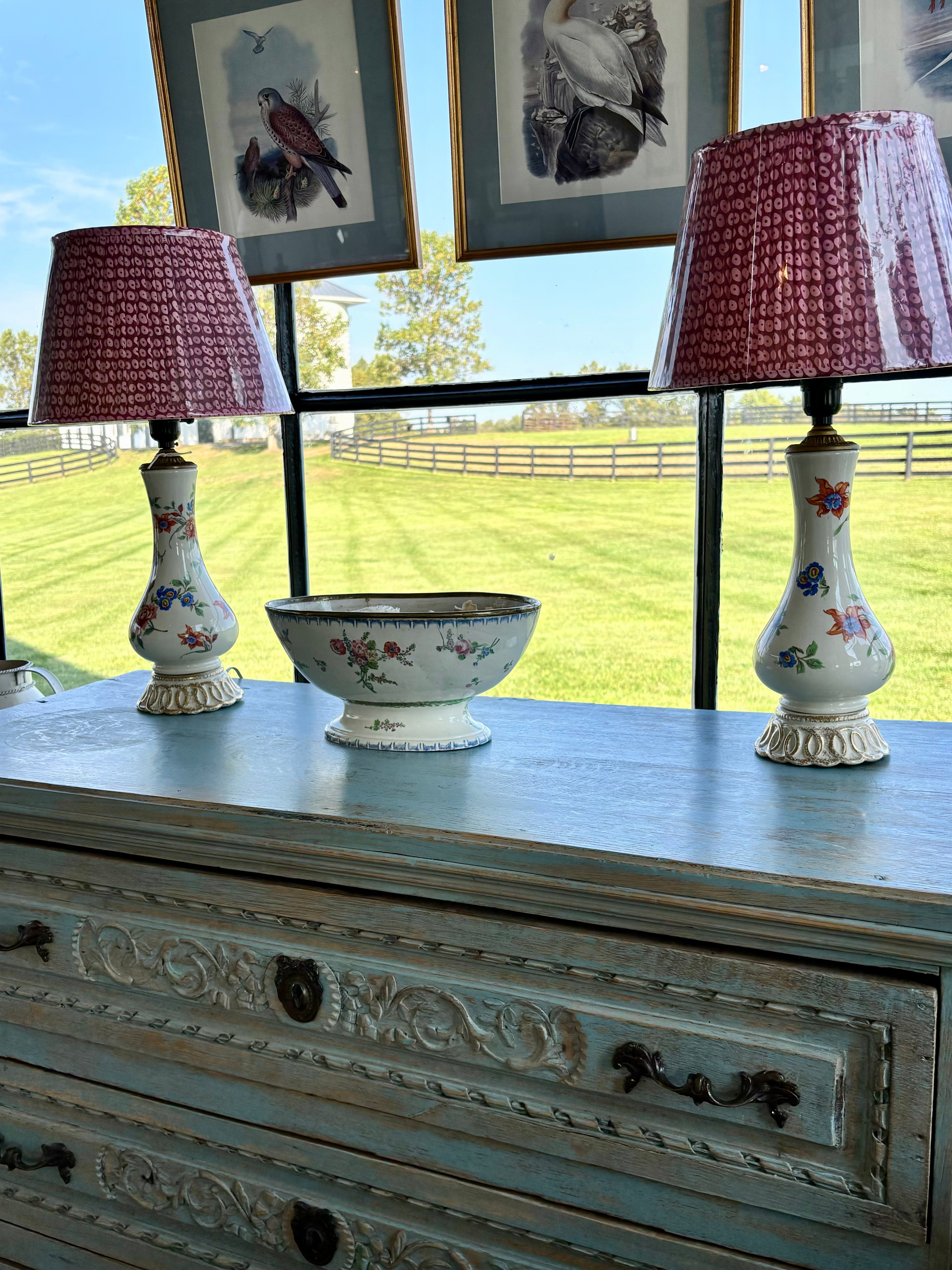 Pair of Antique Floral Ceramic Boudoir Lamps