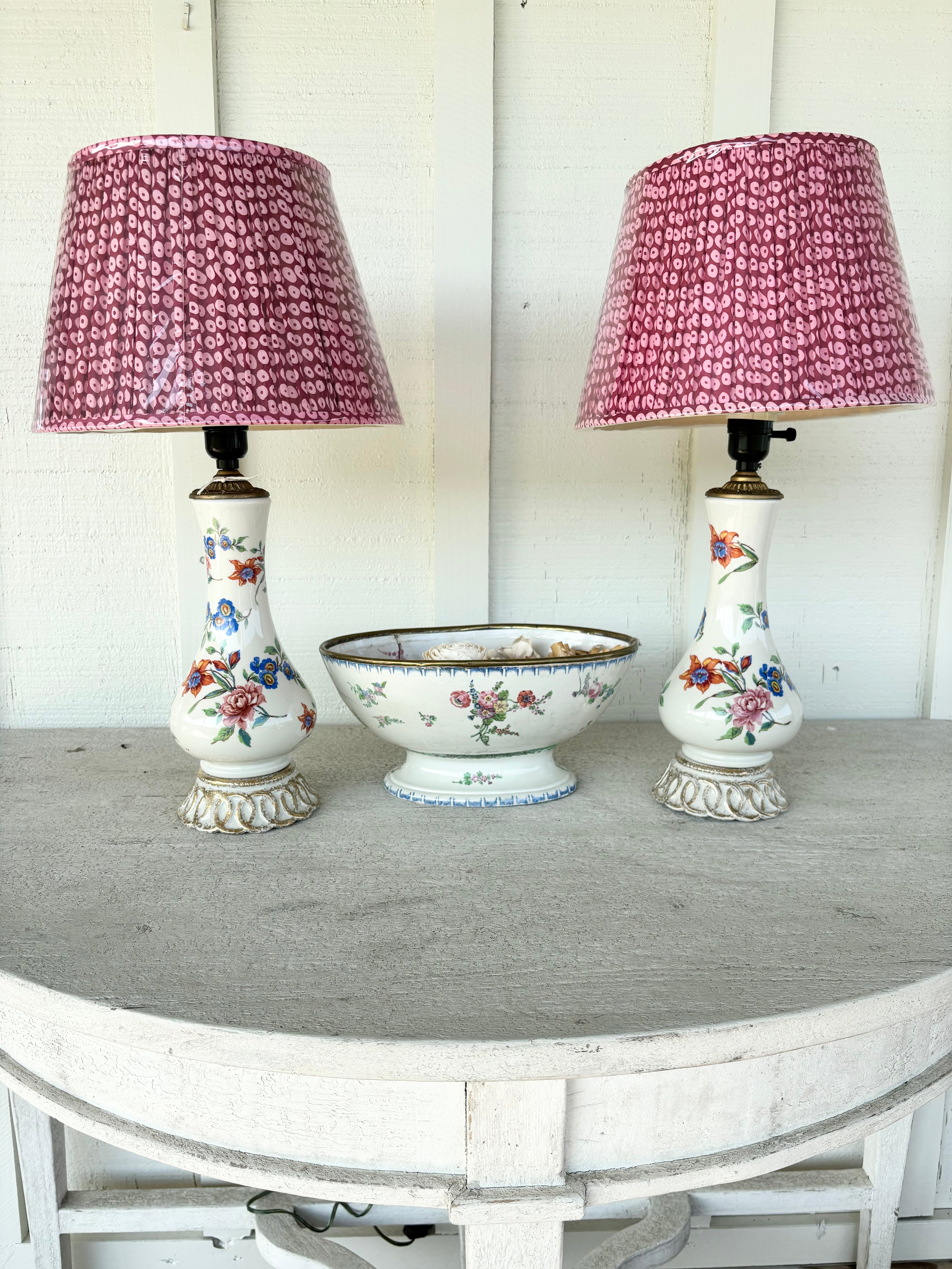 Pair of Antique Floral Ceramic Boudoir Lamps