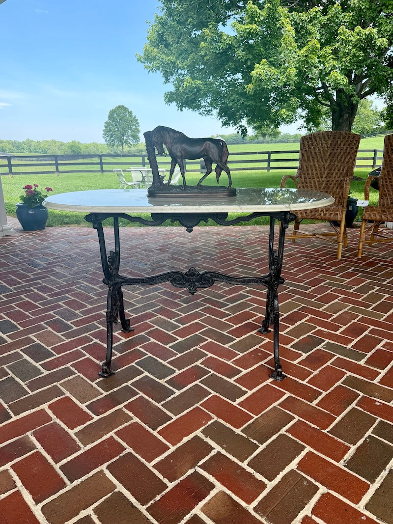 Antique Oval Table with White Marble Top and Wrought Iron Stand