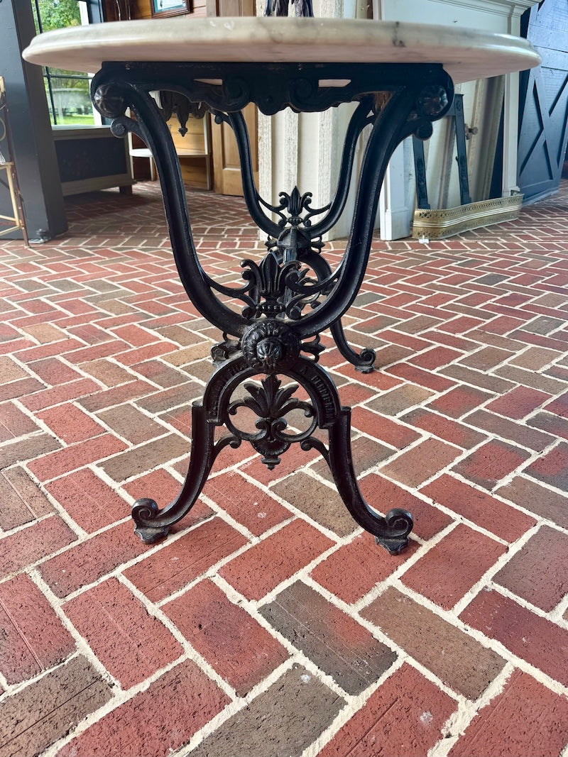 Antique Oval Table with White Marble Top and Wrought Iron Stand