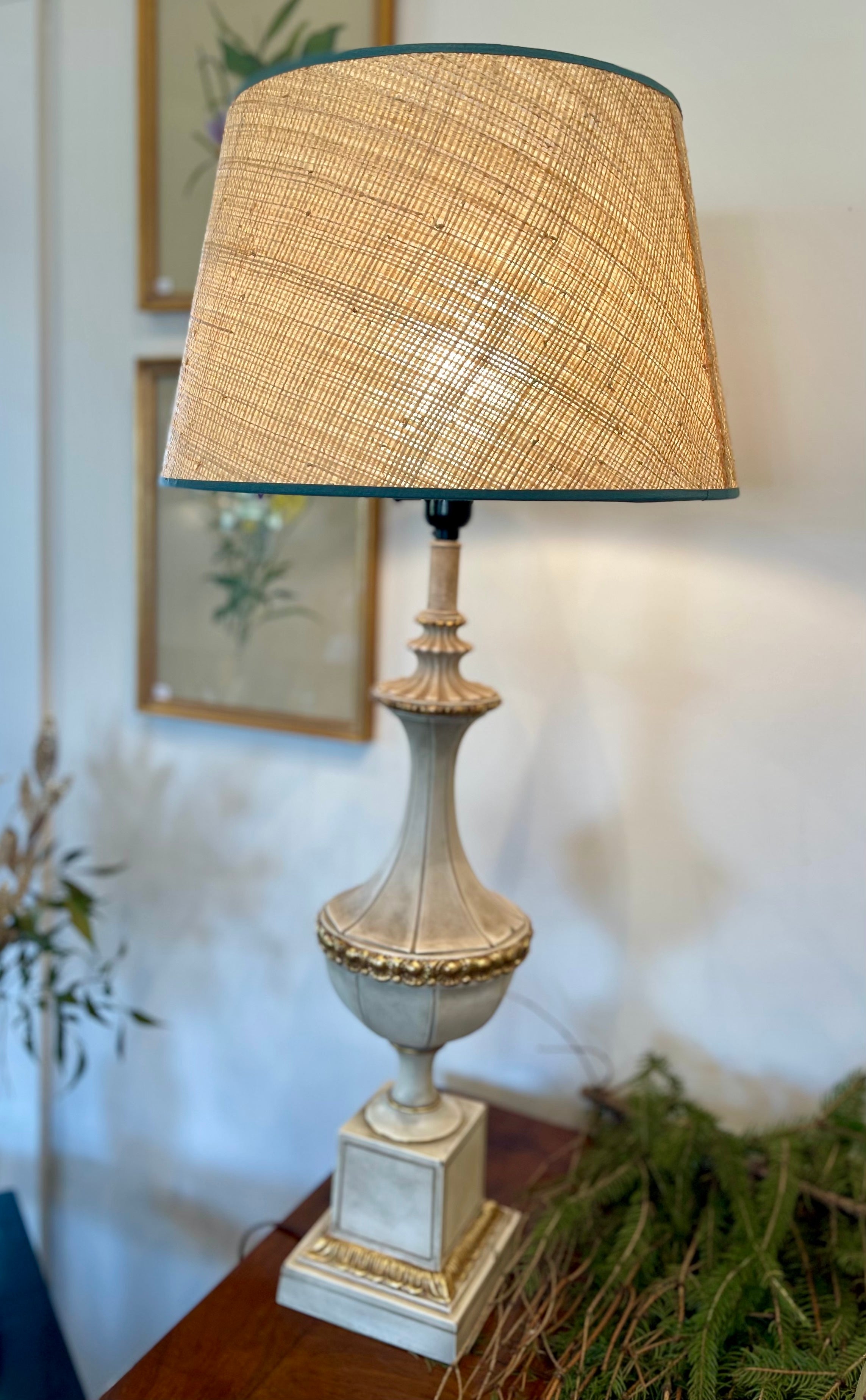 Pair of Neoclassical Gold & Off-White Ceramic Table Lamps with Shades