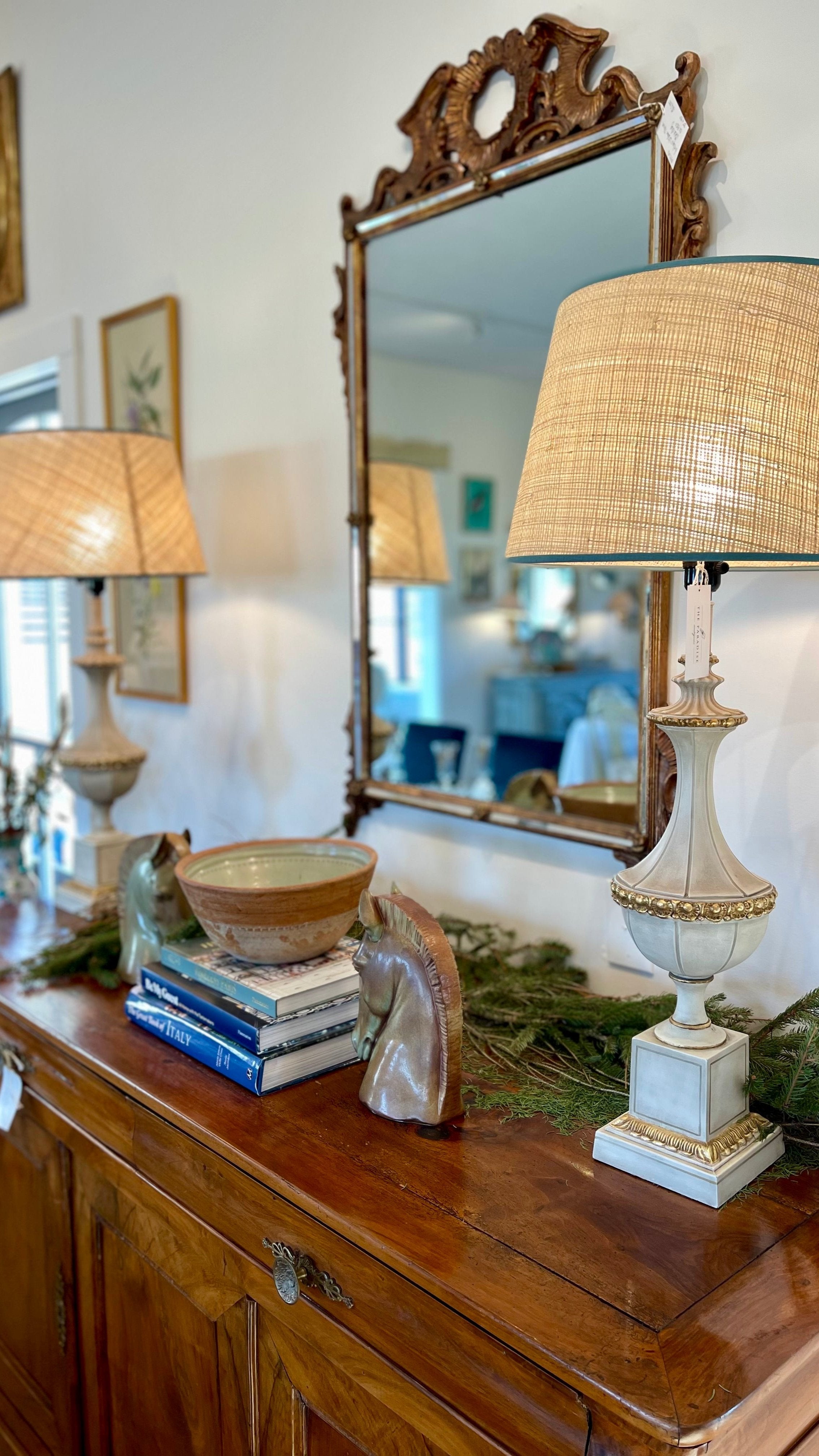 Pair of Neoclassical Gold & Off-White Ceramic Table Lamps with Shades