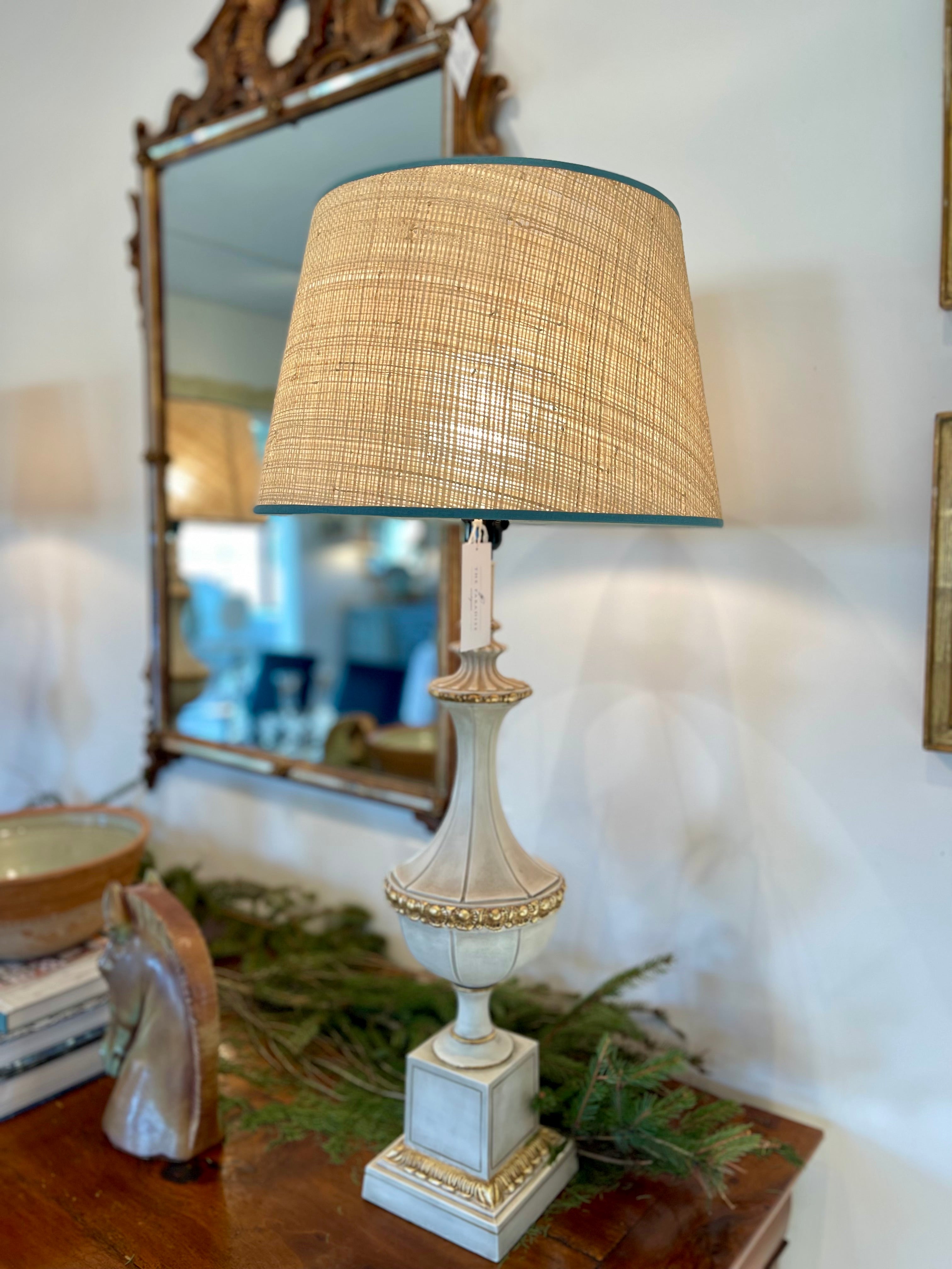 Pair of Neoclassical Gold & Off-White Ceramic Table Lamps with Shades