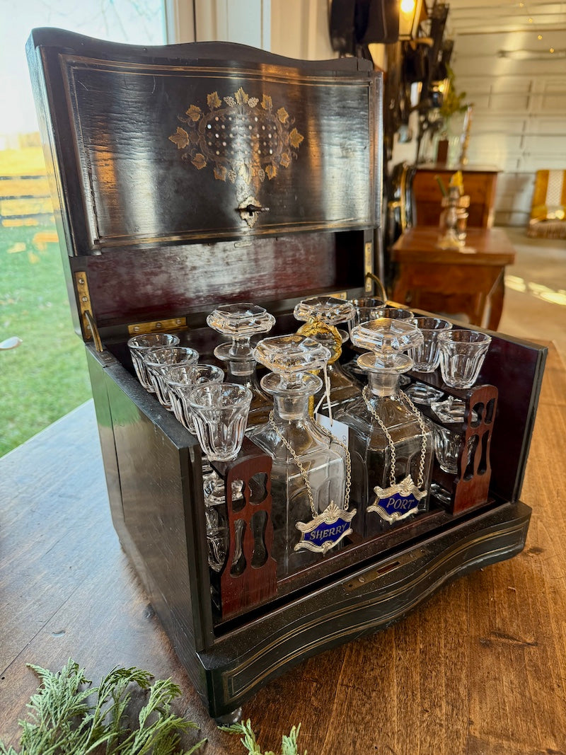 Antique Liquor Box Ebonized with Inlaid Details