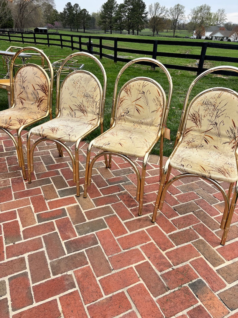 Vintage Italian Bamboo, Brass and Glass Dinner Table, 1960s with four French 1970s Brass and Bamboo Metal Chairs