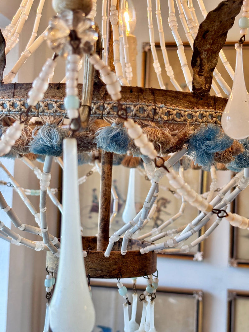 Antique Chandelier with White Murano Glass Drops