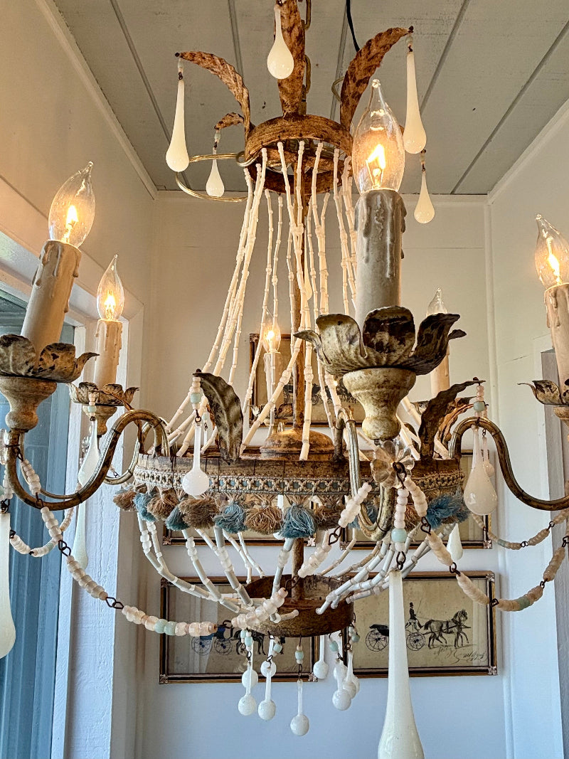 Antique Chandelier with White Murano Glass Drops
