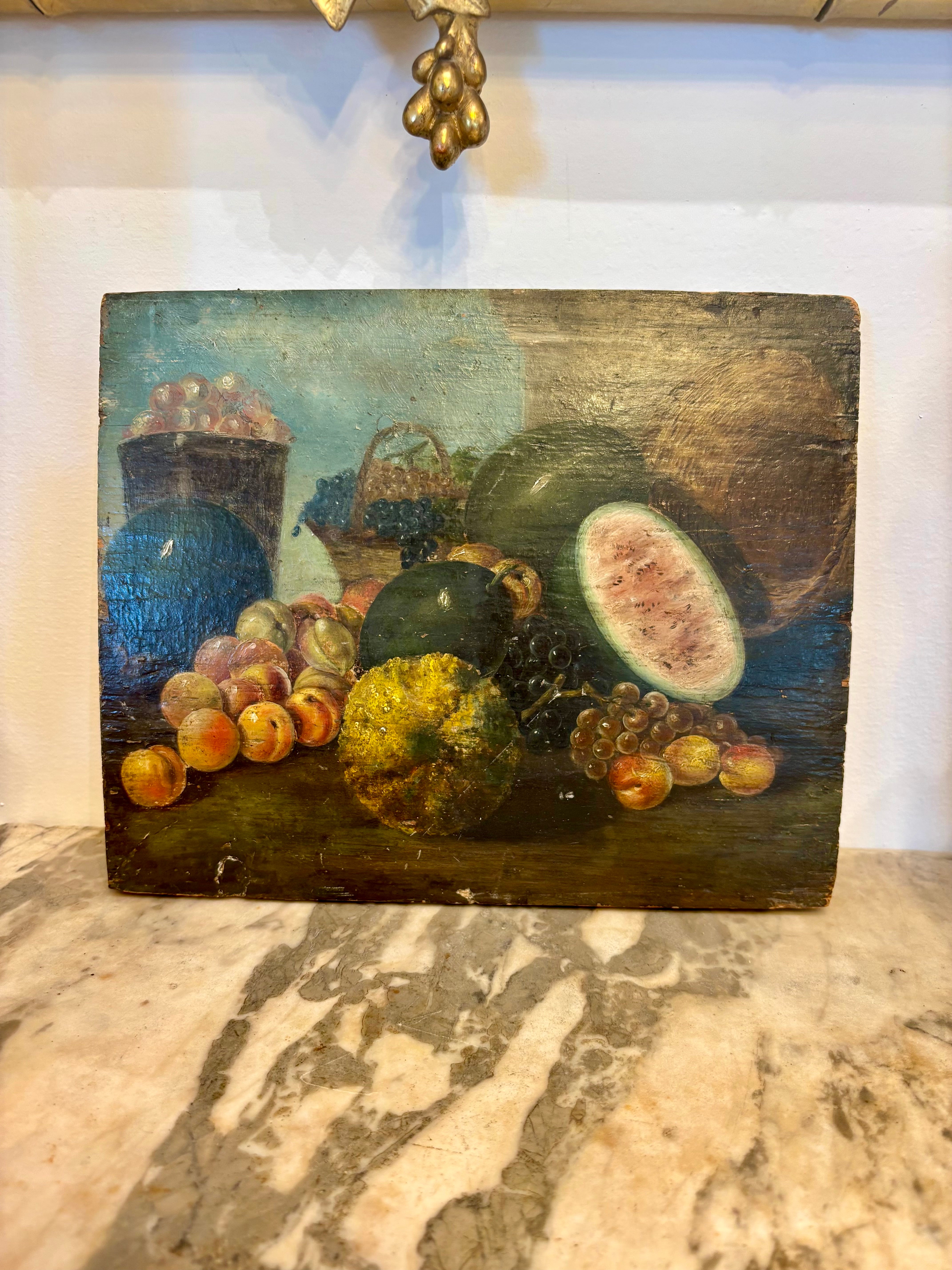 Vintage still life painting of fruits and a vase on a marble surface