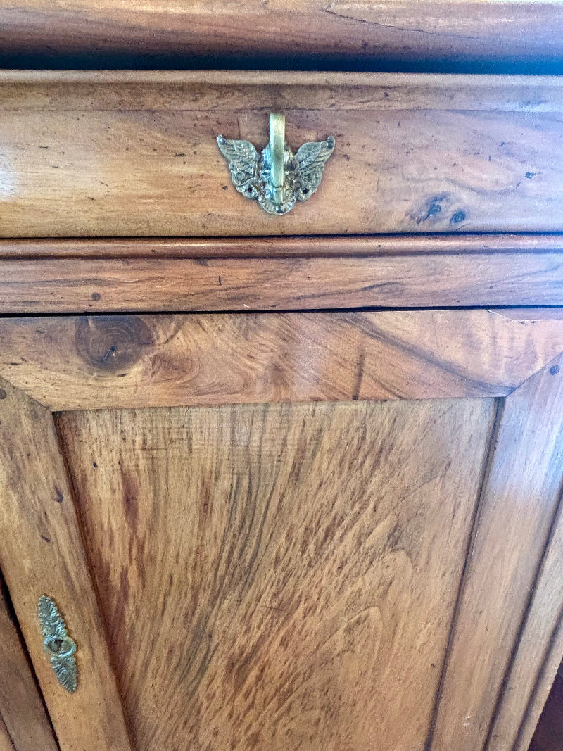 Antique French Walnut cabinet with decorative metal handles