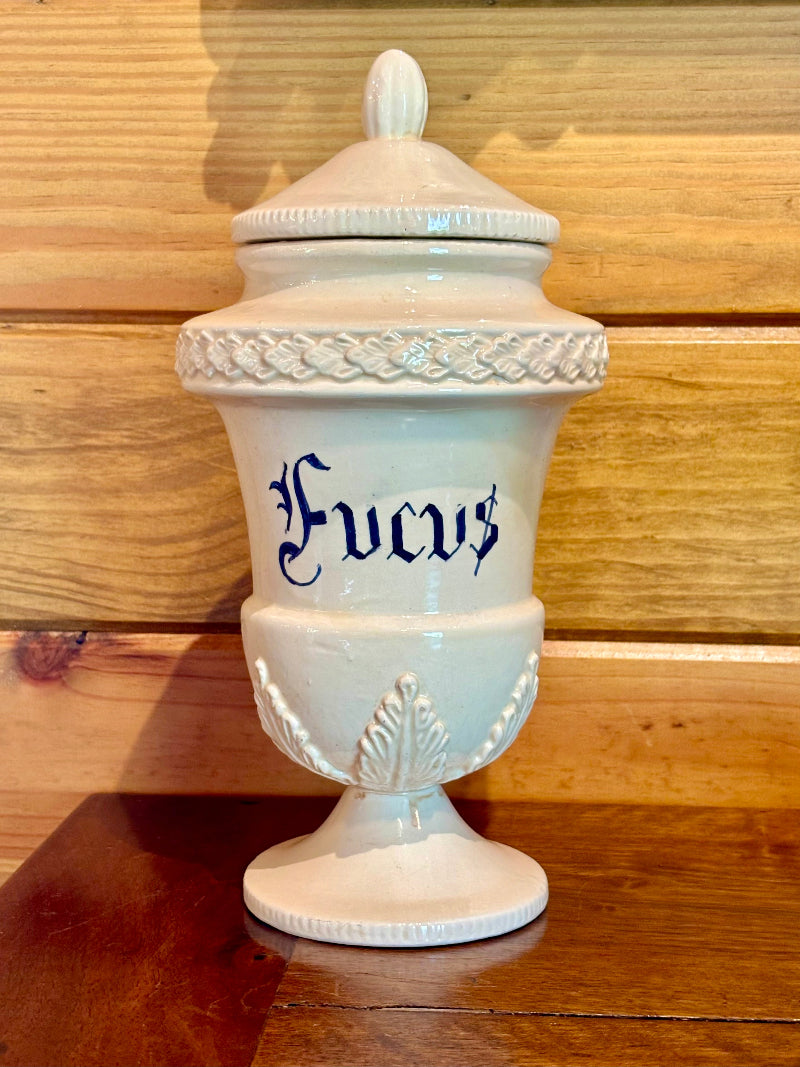 White CERAMIC APOTHECARYJAR with 'Fucus' inscription on a wooden surface