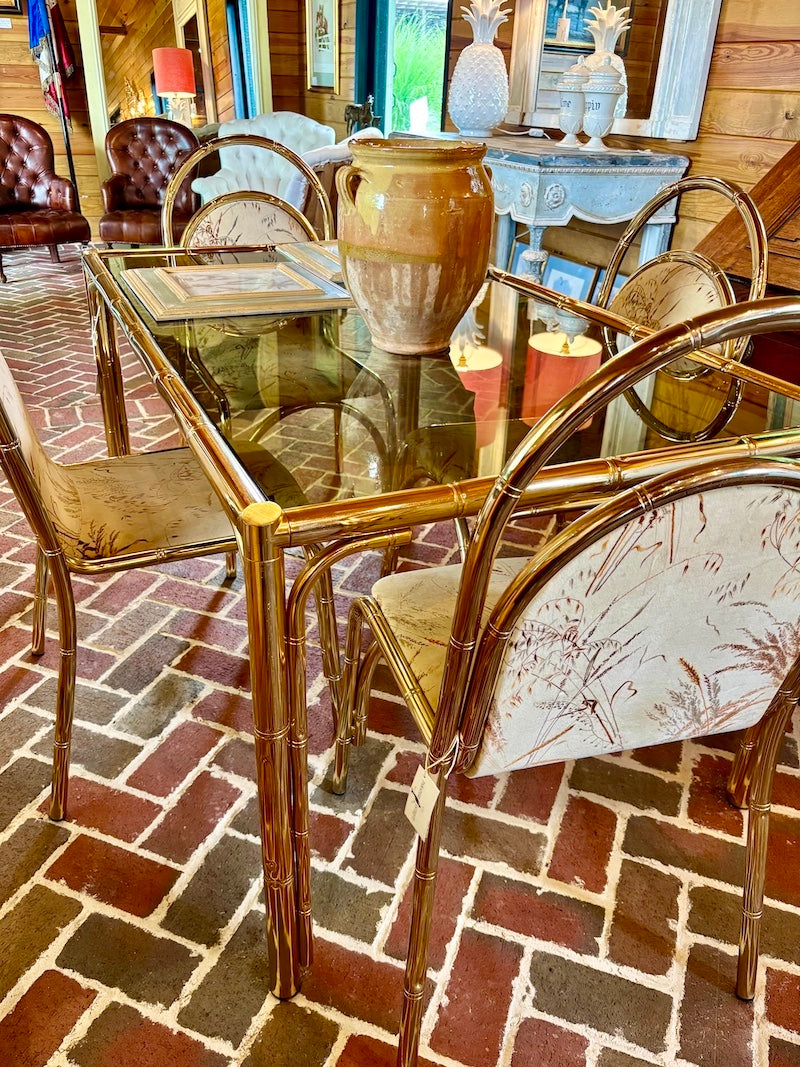 Vintage Italian Bamboo, Brass and Glass Dinner Table, 1960s with four French 1970s Brass and Bamboo Metal Chairs