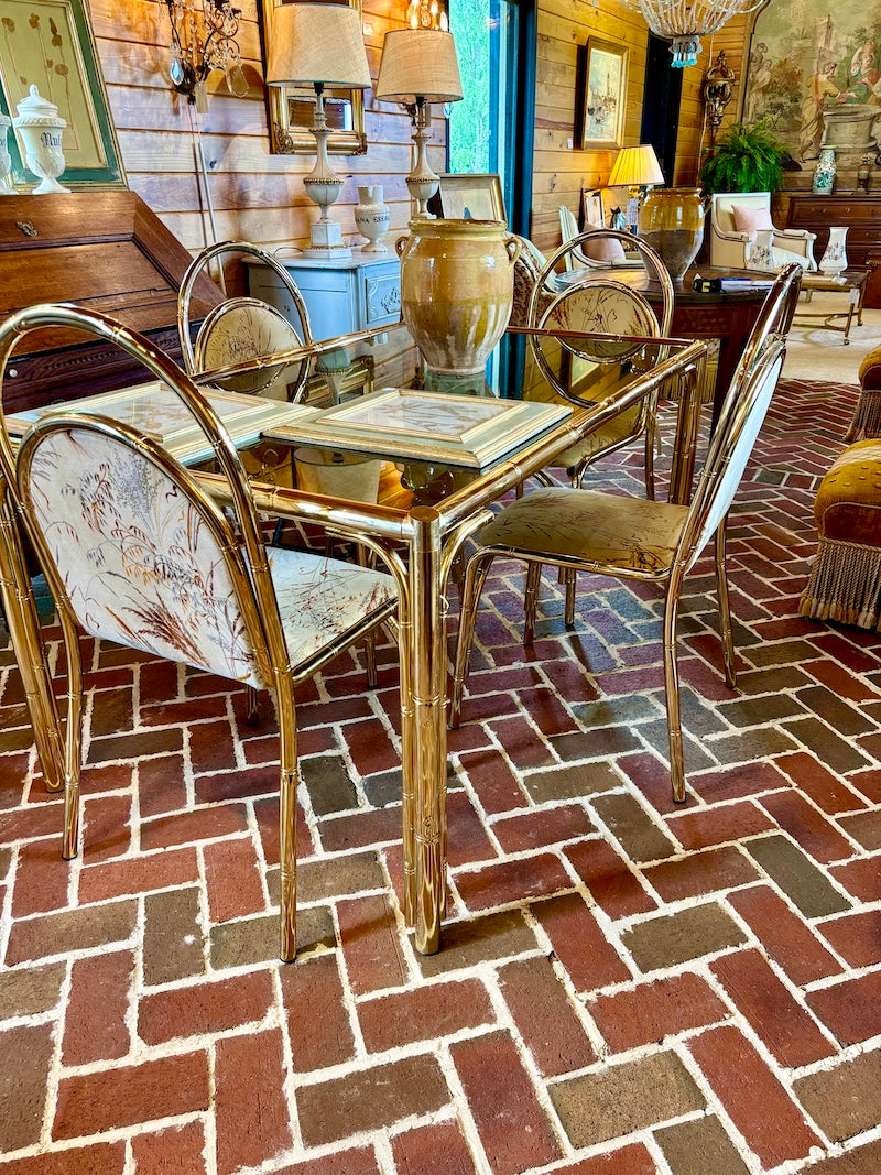 Vintage Italian Bamboo, Brass and Glass Dinner Table, 1960s with four French 1970s Brass and Bamboo Metal Chairs