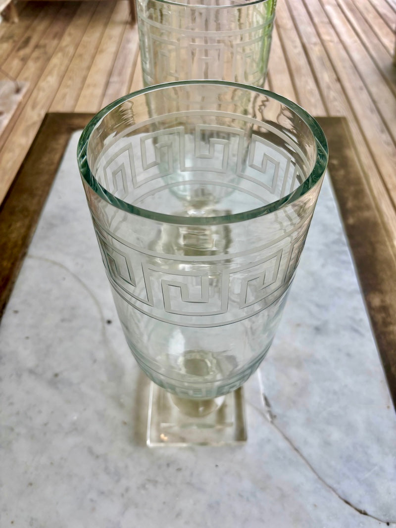 Pair of Hand Crafted, Mouth Blown Glass Greek Key Design Hurricanes
