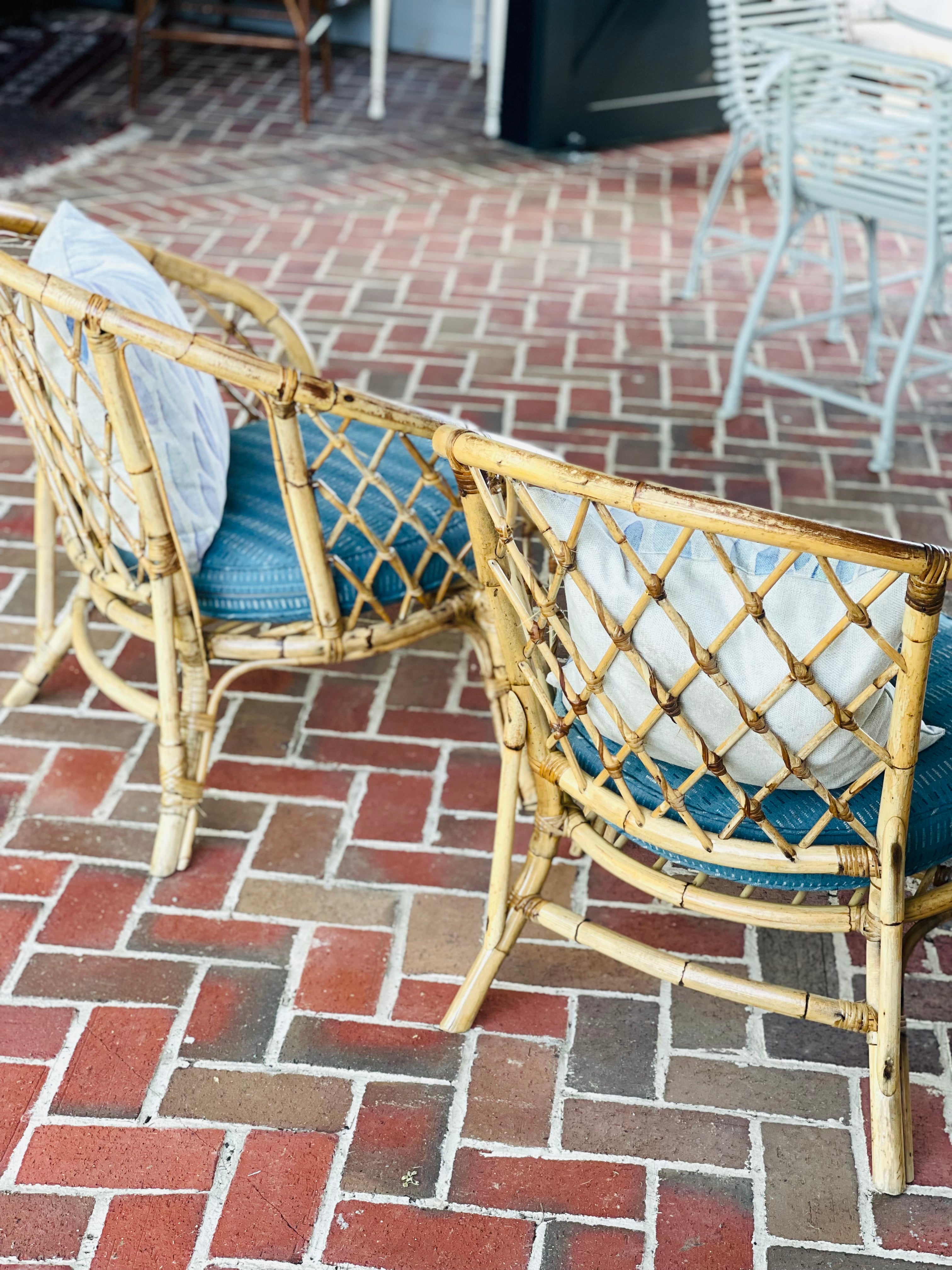 Vintage Pair of Bamboo Chairs with cushions