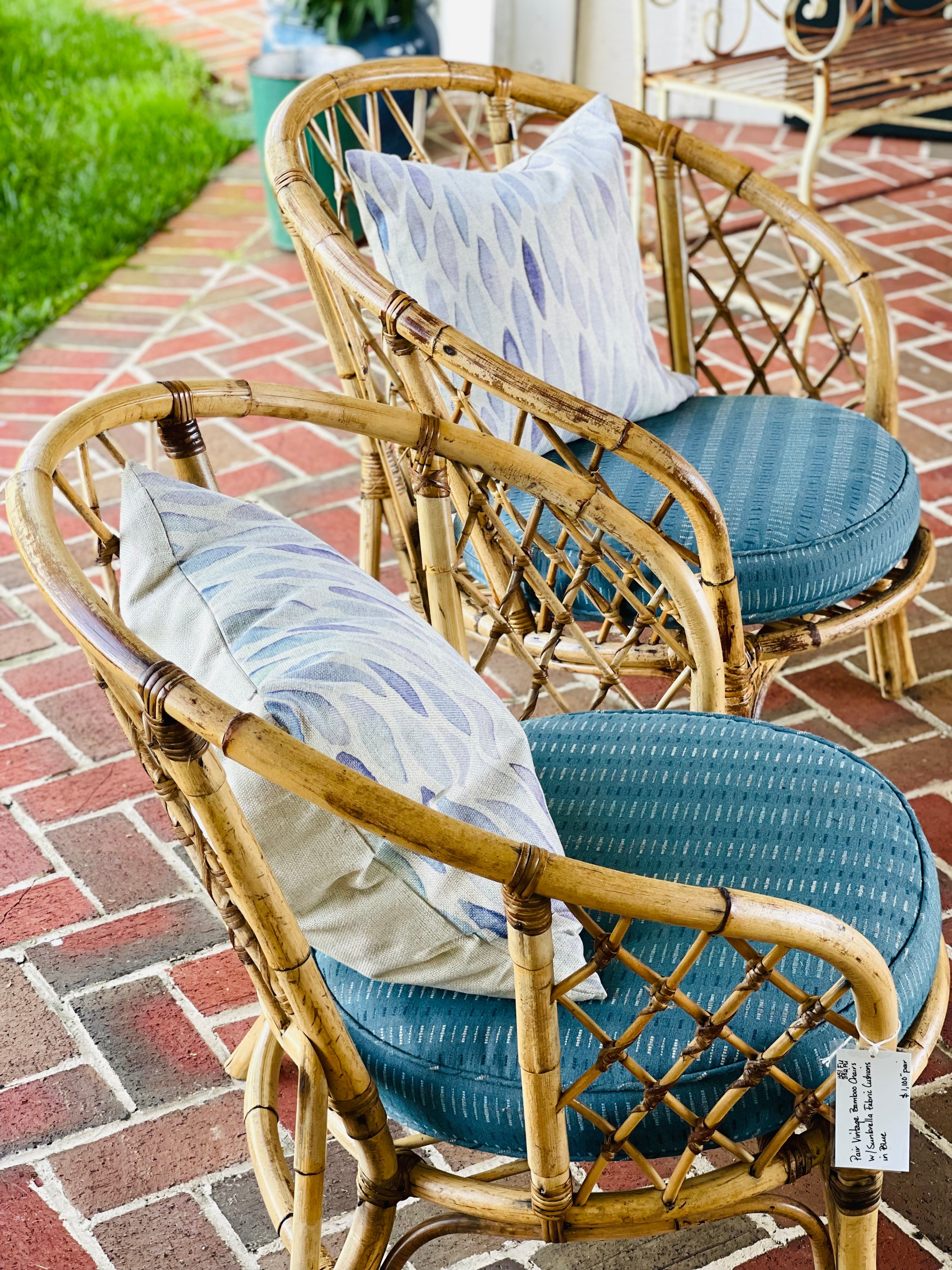 Vintage Pair of Bamboo Chairs with cushions