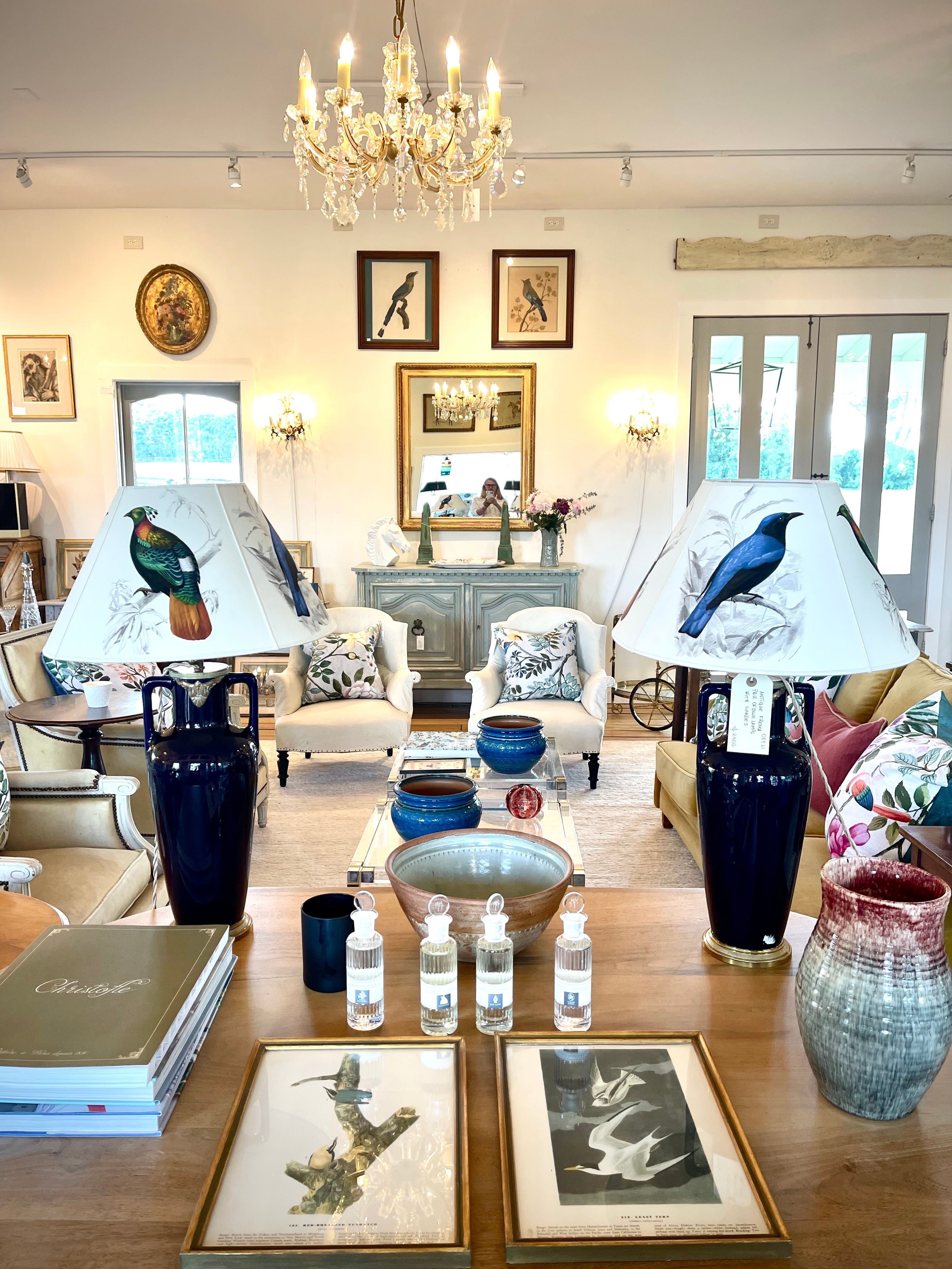 Antique French Pair of Napoleon III Blue Lamps with Bird Lampshades