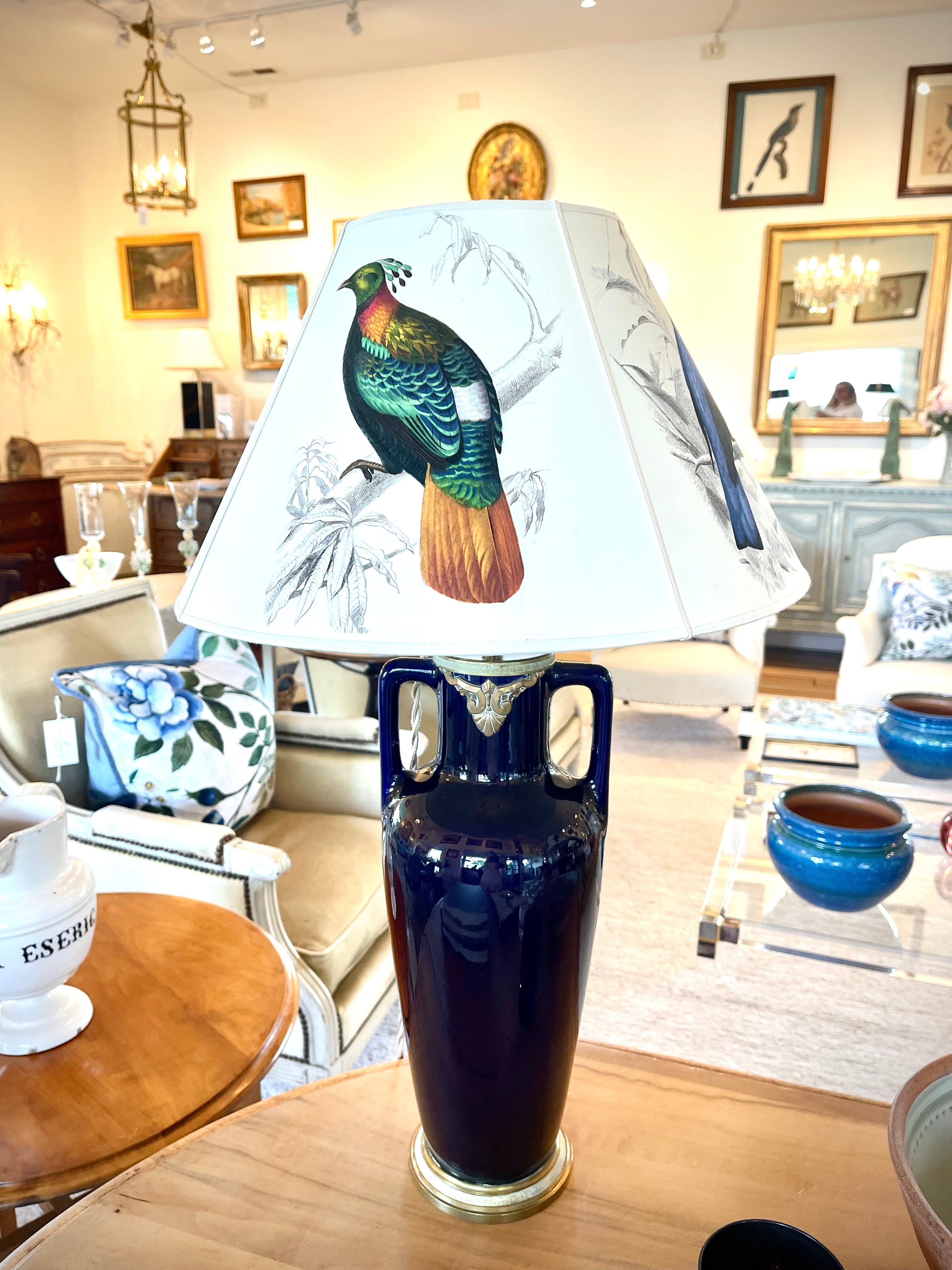 Antique French Pair of Napoleon III Blue Lamps with Bird Lampshades