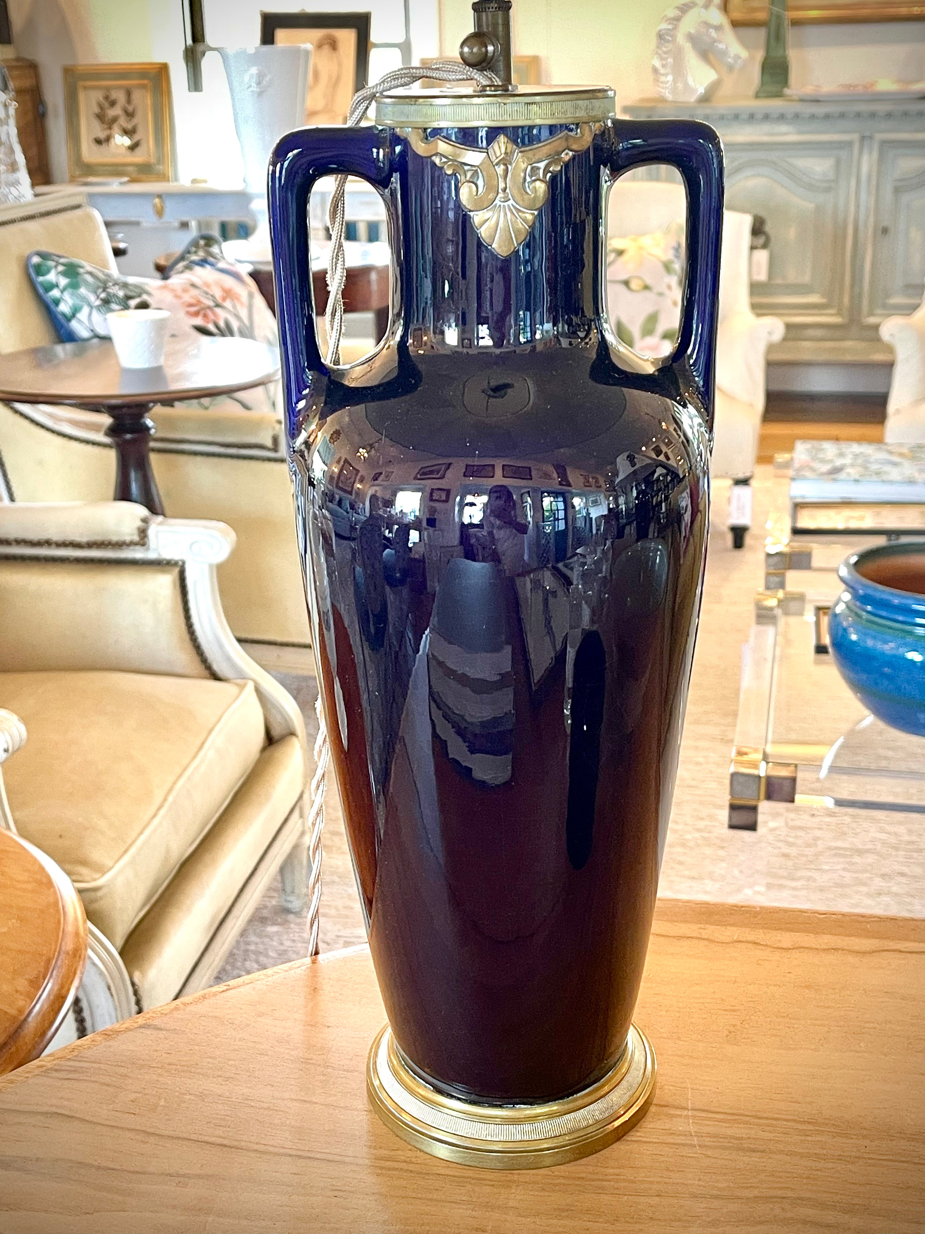 Antique French Pair of Napoleon III Blue Lamps with Bird Lampshades